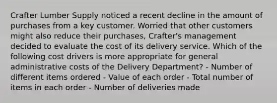 Crafter Lumber Supply noticed a recent decline in the amount of purchases from a key customer. Worried that other customers might also reduce their purchases, Crafter's management decided to evaluate the cost of its delivery service. Which of the following cost drivers is more appropriate for general administrative costs of the Delivery Department? - Number of different items ordered - Value of each order - Total number of items in each order - Number of deliveries made