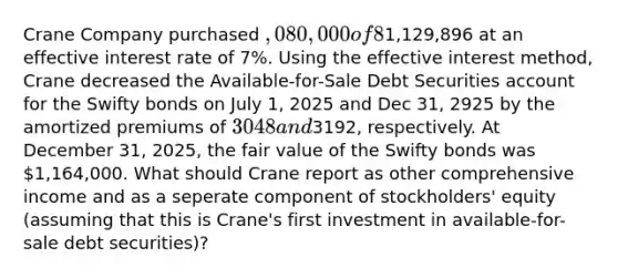 Crane Company purchased ,080,000 of 8%, 5-year bonds from Swifty, Inc. on Jan 1, 2025, with interest payable on July 1 and Jan 1. The bonds sold for1,129,896 at an effective interest rate of 7%. Using the effective interest method, Crane decreased the Available-for-Sale Debt Securities account for the Swifty bonds on July 1, 2025 and Dec 31, 2925 by the amortized premiums of 3048 and3192, respectively. At December 31, 2025, the fair value of the Swifty bonds was 1,164,000. What should Crane report as other comprehensive income and as a seperate component of stockholders' equity (assuming that this is Crane's first investment in available-for-sale debt securities)?