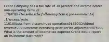 Crane Company has a tax rate of 30 percent and income before non-operating items of 1784700. It also has the following items (gross amounts). Unusual gain 110100Loss from discontinued operations914300Dividend revenue29200Income increasing prior period adjustment375000 What is the amount of income tax expense Crane would report on its income statement?