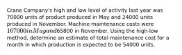 Crane Company's high and low level of activity last year was 70000 units of product produced in May and 24000 units produced in November. Machine maintenance costs were 167000 in May and65800 in November. Using the high-low method, determine an estimate of total maintenance cost for a month in which production is expected to be 54000 units.