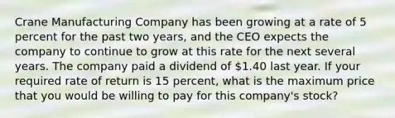 Crane Manufacturing Company has been growing at a rate of 5 percent for the past two years, and the CEO expects the company to continue to grow at this rate for the next several years. The company paid a dividend of 1.40 last year. If your required rate of return is 15 percent, what is the maximum price that you would be willing to pay for this company's stock?