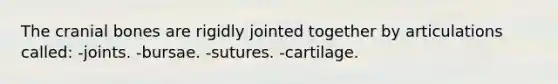 The cranial bones are rigidly jointed together by articulations called: -joints. -bursae. -sutures. -cartilage.