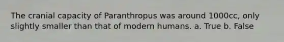 The cranial capacity of Paranthropus was around 1000cc, only slightly smaller than that of modern humans. a. True b. False