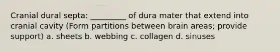 Cranial dural septa: _________ of dura mater that extend into cranial cavity (Form partitions between brain areas; provide support) a. sheets b. webbing c. collagen d. sinuses