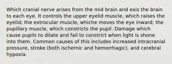 Which cranial nerve arises from the mid brain and exis the brain to each eye. It controls the upper eyelid muscle, which raises the eyelid; the extrocular muscle, whiche moves the eye inward; the pupillary muscle, which constricts the pupil. Damage which cause pupils to dilate and fail to constrict when light is shone into them. Common causes of this includes increased intracranial pressure, stroke (both ischemic and hemorrhagic), and cerebral hypoxia.