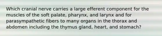 Which cranial nerve carries a large efferent component for the muscles of the soft palate, pharynx, and larynx and for parasympathetic fibers to many organs in the thorax and abdomen including the thymus gland, heart, and stomach?