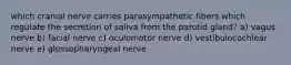 which cranial nerve carries parasympathetic fibers which regulate the secretion of saliva from the parotid gland? a) vagus nerve b) facial nerve c) oculomotor nerve d) vestibulocochlear nerve e) glossopharyngeal nerve