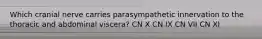 Which cranial nerve carries parasympathetic innervation to the thoracic and abdominal viscera? CN X CN IX CN VII CN XI