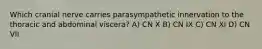 Which cranial nerve carries parasympathetic innervation to the thoracic and abdominal viscera? A) CN X B) CN IX C) CN XI D) CN VII