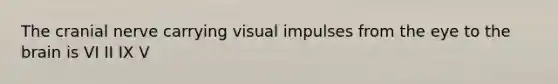 The cranial nerve carrying visual impulses from the eye to the brain is VI II IX V