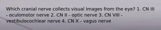 Which cranial nerve collects visual images from the eye? 1. CN III - oculomotor nerve 2. CN II - optic nerve 3. CN VIII - vestibulocochlear nerve 4. CN X - vagus nerve