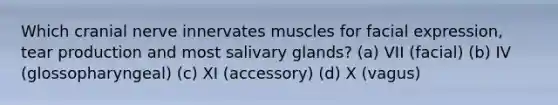 Which cranial nerve innervates muscles for facial expression, tear production and most salivary glands? (a) VII (facial) (b) IV (glossopharyngeal) (c) XI (accessory) (d) X (vagus)