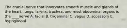 The cranial nerve that innervates smooth muscle and glands of the heart, lungs, larynx, trachea, and most abdominal organs is the ____nerve A. facial B. trigeminal C. vagus D. accessory E. hypoglossal