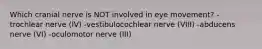 Which cranial nerve is NOT involved in eye movement? -trochlear nerve (IV) -vestibulocochlear nerve (VIII) -abducens nerve (VI) -oculomotor nerve (III)