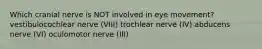 Which cranial nerve is NOT involved in eye movement? vestibulocochlear nerve (VIII) trochlear nerve (IV) abducens nerve (VI) oculomotor nerve (III)