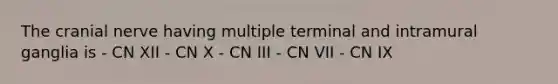 The cranial nerve having multiple terminal and intramural ganglia is - CN XII - CN X - CN III - CN VII - CN IX