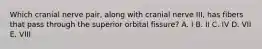 Which cranial nerve pair, along with cranial nerve III, has fibers that pass through the superior orbital fissure? A. I B. II C. IV D. VII E. VIII