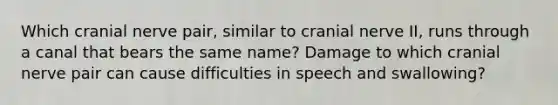 Which cranial nerve pair, similar to cranial nerve II, runs through a canal that bears the same name? Damage to which cranial nerve pair can cause difficulties in speech and swallowing?