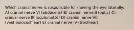 Which cranial nerve is rosponsible for moving the eye laterally: A) cranial nerve VI (abducens) B) cranial nerve II (optic) C) cranial nerve III (oculomotor) D) cranial nerve VIII (vestibulocochlear) E) cranial nerve IV (trochlear)