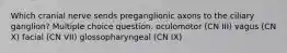 Which cranial nerve sends preganglionic axons to the ciliary ganglion? Multiple choice question. oculomotor (CN III) vagus (CN X) facial (CN VII) glossopharyngeal (CN IX)