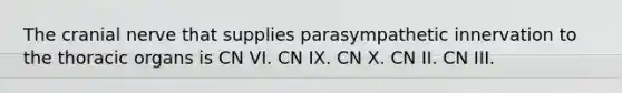 The cranial nerve that supplies parasympathetic innervation to the thoracic organs is CN VI. CN IX. CN X. CN II. CN III.