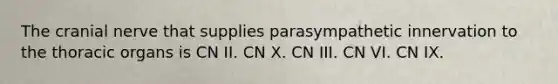 The cranial nerve that supplies parasympathetic innervation to the thoracic organs is CN II. CN X. CN III. CN VI. CN IX.