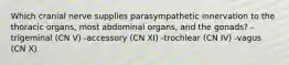 Which cranial nerve supplies parasympathetic innervation to the thoracic organs, most abdominal organs, and the gonads? -trigeminal (CN V) -accessory (CN XI) -trochlear (CN IV) -vagus (CN X)