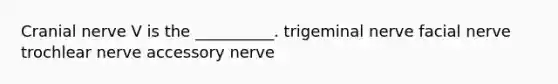 Cranial nerve V is the __________. trigeminal nerve facial nerve trochlear nerve accessory nerve