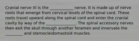 Cranial nerve XI is the ____________ nerve. It is made up of nerve roots that emerge from cervical levels of <a href='https://www.questionai.com/knowledge/kkAfzcJHuZ-the-spinal-cord' class='anchor-knowledge'>the spinal cord</a>. These roots travel upward along the spinal cord and enter the cranial cavity by way of the _______________. The spinal accessory nerves then exit the skull through another foramen and innervate the _________ and sternocleidomastoid muscles.