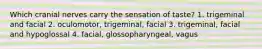 Which cranial nerves carry the sensation of taste? 1. trigeminal and facial 2. oculomotor, trigeminal, facial 3. trigeminal, facial and hypoglossal 4. facial, glossopharyngeal, vagus