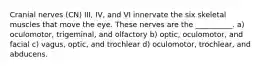 Cranial nerves (CN) III, IV, and VI innervate the six skeletal muscles that move the eye. These nerves are the __________. a) oculomotor, trigeminal, and olfactory b) optic, oculomotor, and facial c) vagus, optic, and trochlear d) oculomotor, trochlear, and abducens.