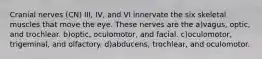 Cranial nerves (CN) III, IV, and VI innervate the six skeletal muscles that move the eye. These nerves are the a)vagus, optic, and trochlear. b)optic, oculomotor, and facial. c)oculomotor, trigeminal, and olfactory. d)abducens, trochlear, and oculomotor.