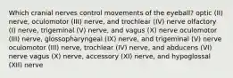 Which cranial nerves control movements of the eyeball? optic (II) nerve, oculomotor (III) nerve, and trochlear (IV) nerve olfactory (I) nerve, trigeminal (V) nerve, and vagus (X) nerve oculomotor (III) nerve, glossopharyngeal (IX) nerve, and trigeminal (V) nerve oculomotor (III) nerve, trochlear (IV) nerve, and abducens (VI) nerve vagus (X) nerve, accessory (XI) nerve, and hypoglossal (XII) nerve