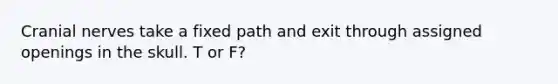 <a href='https://www.questionai.com/knowledge/kE0S4sPl98-cranial-nerves' class='anchor-knowledge'>cranial nerves</a> take a fixed path and exit through assigned openings in the skull. T or F?