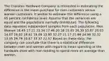 The Cranston Hardware Company is interested in estimating the difference in the mean purchase for men customers versus women customers. It wishes to estimate this difference using a 95 percent confidence level. Assume that the variances are equal and the populations normally distributed. The following data represent independent samples from each population: Men Women 16.49 17.21 33.34 17.46 20.18 15.65 26.39 10.67 28.03 14.07 26.02 19.61 16.08 15.90 32.27 11.17 21.66 24.66 32.32 13.35 29.79 20.87 33.37 22.57 Based on these data, the company can conclude that there is a statistical difference between men and women with regard to mean spending at the hardware store with men tending to spend more on average than women.