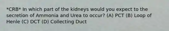 *CRB* In which part of the kidneys would you expect to the secretion of Ammonia and Urea to occur? (A) PCT (B) Loop of Henle (C) DCT (D) Collecting Duct