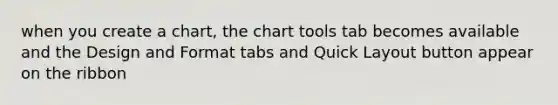 when you create a chart, the chart tools tab becomes available and the Design and Format tabs and Quick Layout button appear on the ribbon