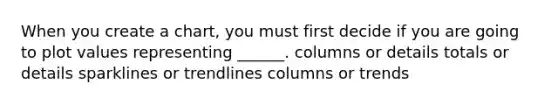 When you create a chart, you must first decide if you are going to plot values representing ______. columns or details totals or details sparklines or trendlines columns or trends