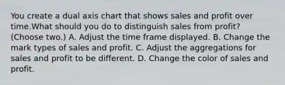 You create a dual axis chart that shows sales and profit over time.What should you do to distinguish sales from profit? (Choose two.) A. Adjust the time frame displayed. B. Change the mark types of sales and profit. C. Adjust the aggregations for sales and profit to be different. D. Change the color of sales and profit.