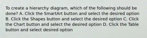 To create a hierarchy diagram, which of the following should be done? A. Click the SmartArt button and select the desired option B. Click the Shapes button and select the desired option C. Click the Chart button and select the desired option D. Click the Table button and select desired option