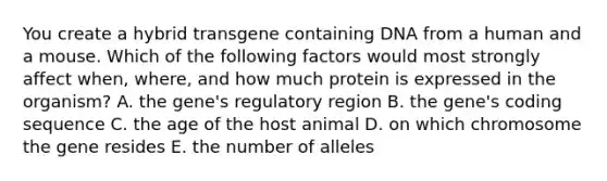 You create a hybrid transgene containing DNA from a human and a mouse. Which of the following factors would most strongly affect when, where, and how much protein is expressed in the organism? A. the gene's regulatory region B. the gene's coding sequence C. the age of the host animal D. on which chromosome the gene resides E. the number of alleles