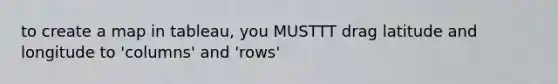 to create a map in tableau, you MUSTTT drag latitude and longitude to 'columns' and 'rows'