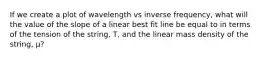 If we create a plot of wavelength vs inverse frequency, what will the value of the slope of a linear best fit line be equal to in terms of the tension of the string, T, and the linear mass density of the string, μ?