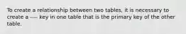 To create a relationship between two tables, it is necessary to create a ---- key in one table that is the primary key of the other table.