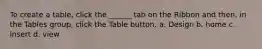 To create a table, click the ______ tab on the Ribbon and then, in the Tables group, click the Table button. a. Design b. home c. insert d. view