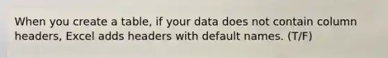 When you create a table, if your data does not contain column headers, Excel adds headers with default names. (T/F)