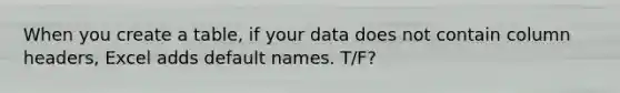 When you create a table, if your data does not contain column headers, Excel adds default names. T/F?