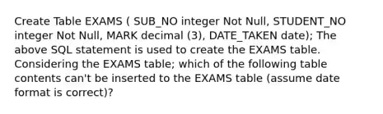 Create Table EXAMS ( SUB_NO integer Not Null, STUDENT_NO integer Not Null, MARK decimal (3), DATE_TAKEN date); The above SQL statement is used to create the EXAMS table. Considering the EXAMS table; which of the following table contents can't be inserted to the EXAMS table (assume date format is correct)?