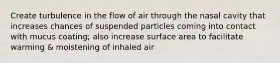 Create turbulence in the flow of air through the nasal cavity that increases chances of suspended particles coming into contact with mucus coating; also increase <a href='https://www.questionai.com/knowledge/kEtsSAPENL-surface-area' class='anchor-knowledge'>surface area</a> to facilitate warming & moistening of inhaled air