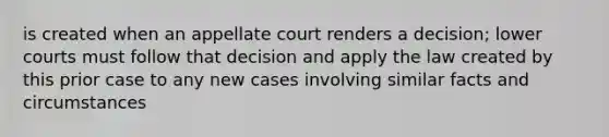 is created when an appellate court renders a decision; lower courts must follow that decision and apply the law created by this prior case to any new cases involving similar facts and circumstances